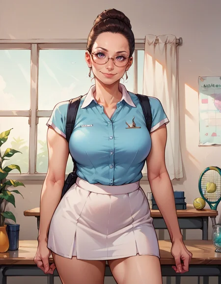 score_9, score_8_up, score_7_up, score_6_up, score_5_up, score_4_up, a portrait of a teacher milf, Mary, large breasts, glasses, smile, tennis_uniform, illustration, high quality, extremely detailed, realistic, <lora:Mary079:0.7>