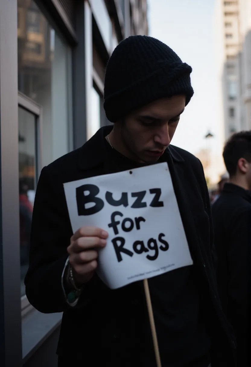 A cool-looking guy in a fashionable outfit is seen in profile, his gaze slightly downward. He is holding a sign that reads "Buzz for Rags" in his hand. The dramatic lighting of the slushy metropolis creates a striking contrast. The shallow depth of field focuses on the sign.