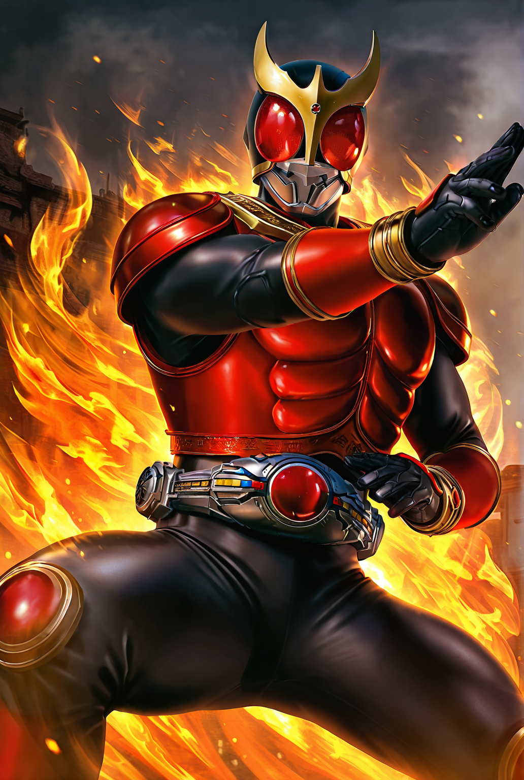 score_9,score_8_up,score_7_up,best quality,ultra-detailed,high resolution,digital painting,8k,1boy,solo,cowboy shot,male focus,bara,detailed face,helmet,tokusatsu,armor,belt,bodysuit,gloves,fighting stance,fire,spread legs,feet out of frame,<lora:add-detail-xl:1>,<lora:Kamen Rider Kuuga:0.8>,kamen rider kuuga,