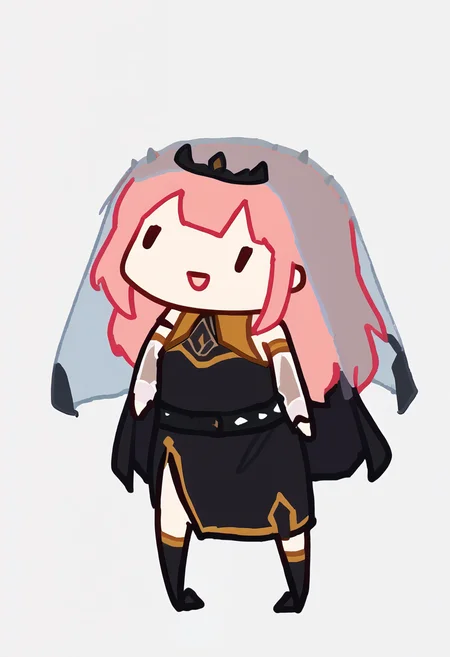 score_9, score_7_up, <break> chibi, simple background, white background, full body, solo, 1girl, MoriBase, smile, open mouth, long hair, veil, tiara, black dress, sleeveless dress, side slit, black cape, shoulder spikes, single black thighhigh, detached sleeves, see-through sleeve