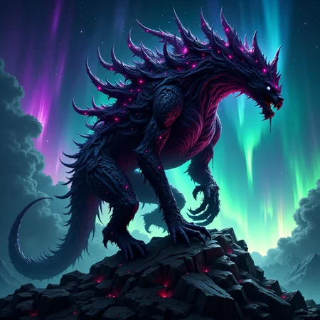 famous masterwork, intricately detailed fantasy oil painting, epic composition, detailed background, sfumato, cinematic film still, this image shows the "voxeled stankberry", this wondrous astargled creature, covered in dark fizzledyme and snizzleplume stands atop a erbelforing pile of doover, silhouetted against a vorblyborked aurora-filled sky of planet "ickydirly tertius", hinting at its otherworldly nature, mythp0rt <lora:image_enhancer-flux-by_dever:0.6> <lora:style-velvet's_mythic_fantasy-flux-by_velvets:0.48>