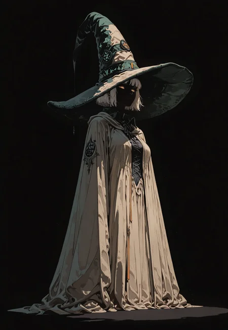 masterpiece, best quality, good quality, newest, highres, absurdres, 1girl, solo, witch, (huge brimhat:1.1), mage, robes, casting, platinum blonde hair, golden eyes, shadow, dark, long shadow, animated shadow, living shadow, 