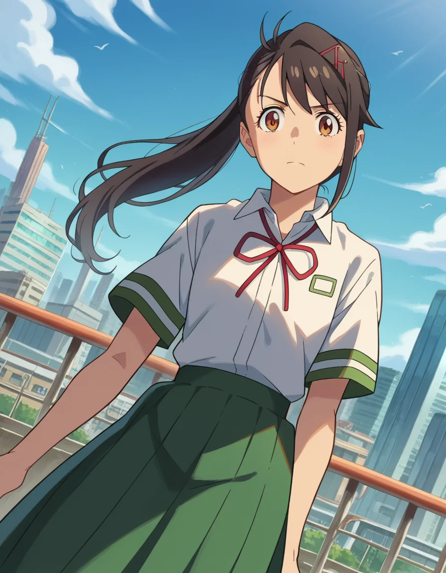 score_9, score_8_up, score_7_up, source_anime,
suzumeiwato, <lora:suzume-iwato-ponyxl-lora-nochekaiser:1>,
suzume iwato, long hair, black hair, hair ornament, brown eyes, hairclip, ponytail,
skirt, shirt, ribbon, school uniform, white shirt, red ribbon, green skirt, long skirt,
outdoors, cityscape,
looking at viewer, dutch angle, cowboy shot,