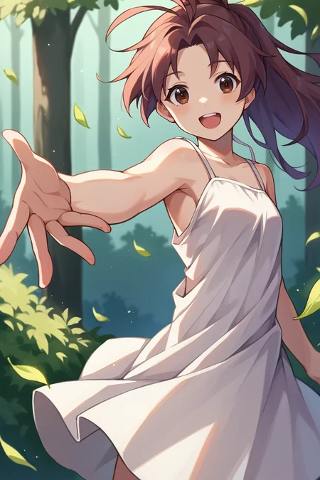 score_9, score_8_up, score_7_up, score_6_up, source_anime, BREAK 1girl, solo, <lora:gsjenna-pdxl-nvwls-v1-000005:1> gsJenna, brown hair, ponytail, antenna hair, forest, white sundress, loose clothes, wind, from side, spaghetti straps, bare shoulders, looking at you, happy, open mouth, outstretched hand