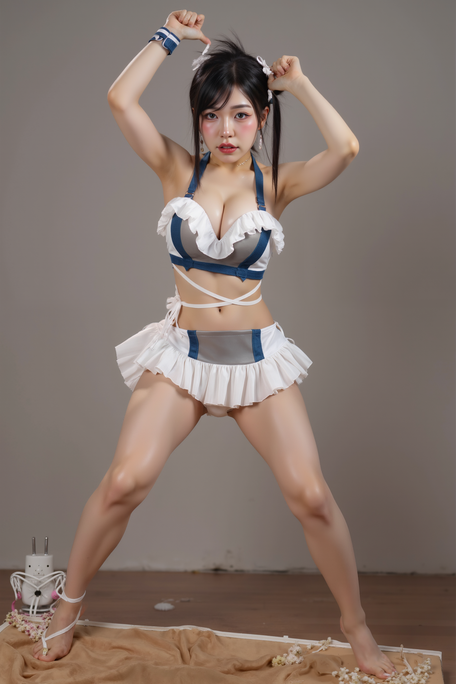 A professional, high-resolution image of a young woman is posed standing in a natural S-curve in the body silhouette. This classic posing technique creates visual interest and a sense of elegance.

She is wearing a blue and white SGWN98Clothing. Her makeup is dramatic, with dark eyeliner and bold, glossy pink lips. 

The lighting features a high-contrast, monochromatic white color scheme that creates a moody, intimate atmosphere. 

The photography technique uses what appears to be soft lighting to create a glamorous effect, with careful attention to highlighting contours while maintaining the dominant light brown color scheme throughout the frame.

The overall aesthetic combines elements of fashion photography, traditional Asian visual motifs, and contemporary boudoir styling. The dramatic light brown lighting creates a cohesive visual theme that ties all elements of the composition together.

The white light emit on her to show her feature.