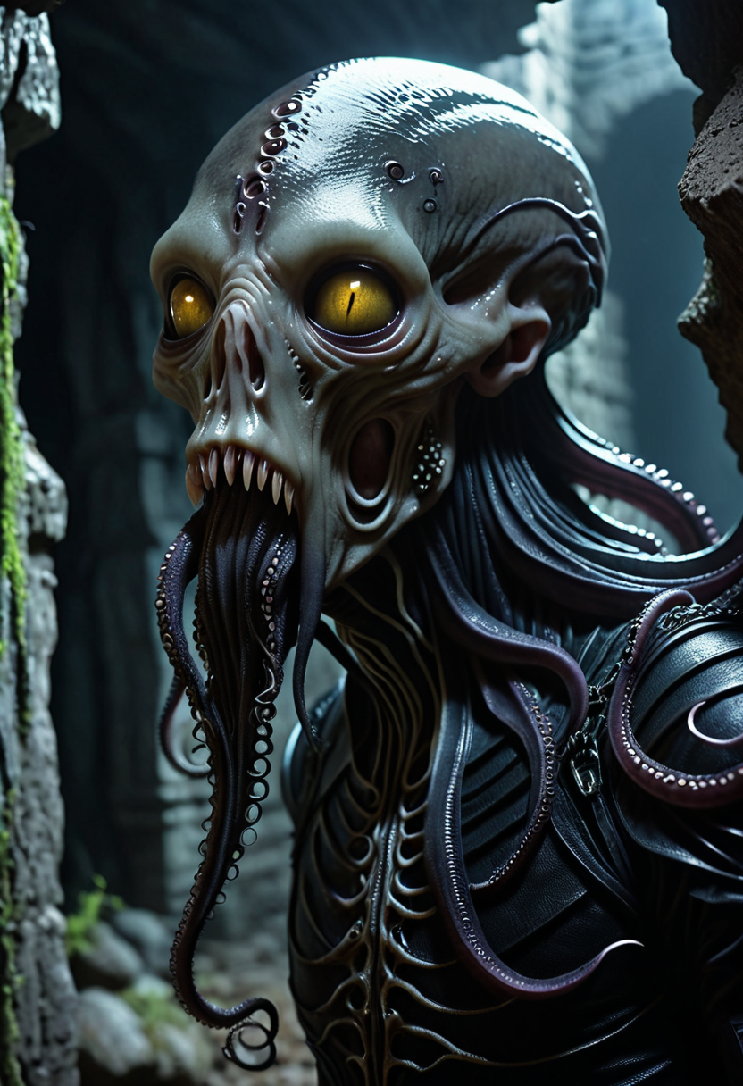 dark fantasy gothic, intense macro shot focusing on psionic energy, dimly lit, horror-inspired atmosphere, head tilted unnaturally, sensing thoughts, ancient underground ruins, tentacled face, dark, leathery skin, elongated cranium, slender, alien physique, four long tentacles extending from mouth fantasy_random_lora, realistic, uhd, 8k, masterpiece, intricately detailed, cinematic, best quality, absurd resolution, fantasy art, fantasy race concept, artfully_mindflayer,  <lora:artfully_MINDFLAYER_SDXL:0.8>