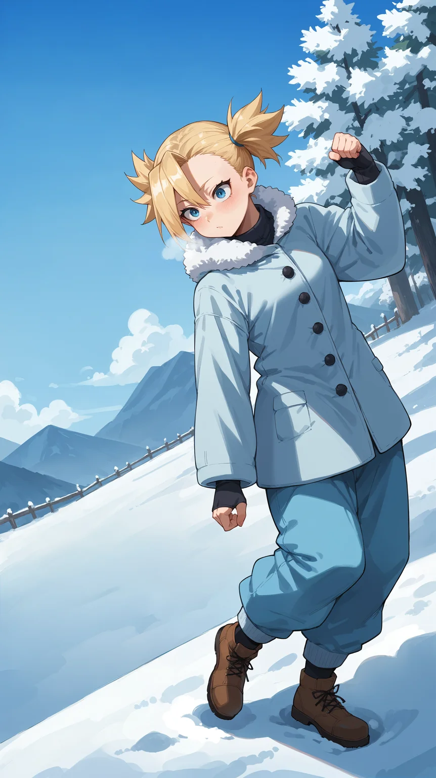 score_9,score_8_up,score_7_up,score_6_up, <lora:xl_more_art-full_v1:0.5>, source_anime, girl, dynamic pose, in ecstasy, <lora:Tatami Nakagame (Turtle Neck) - Pony:0.8>, short hair, blonde hair, spiky hair, twintails, blue eyes, winter coat, hood down, fur trim, oversized pants, baggy pants, snow, winter, freezing, visual breath,
