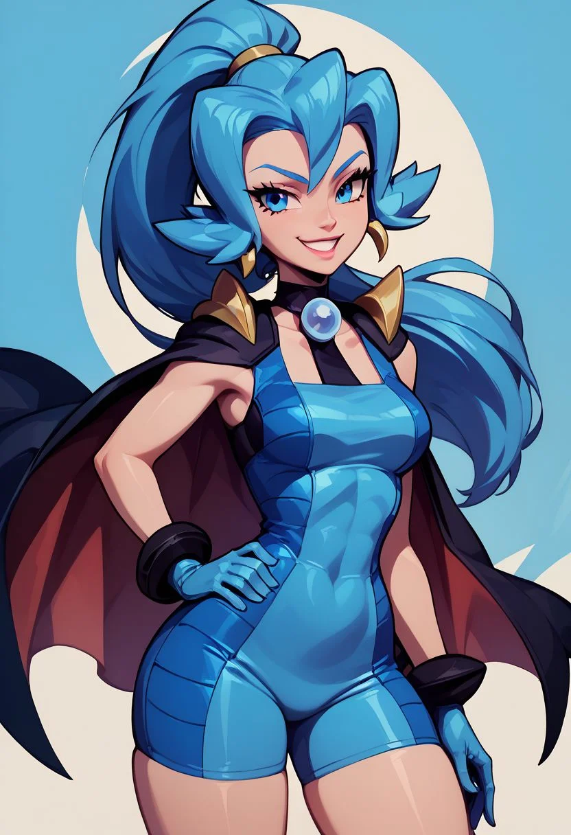 score_9, score_8_up, score_8, medium breasts, (curvy), cute, eyelashes, 
BREAK, 
zzClair, solo, 1girl,  long hair, blue hair, blue eyes, ponytail, blue bodysuit, black cape, blue gloves,
cowboy shot, smile, smug, hand on hip, wide hips, 
BREAK, 
zPDXL, Expressiveh p4st3lg0r3
