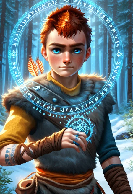 1boy, male focus, solo focus, Atreus, grey fur tunic, ginger hair, pale blue eyes, undercut, brown fur boots, snowy forest, viking, glowing magic runes, magic array, Glowing Rune Circle,