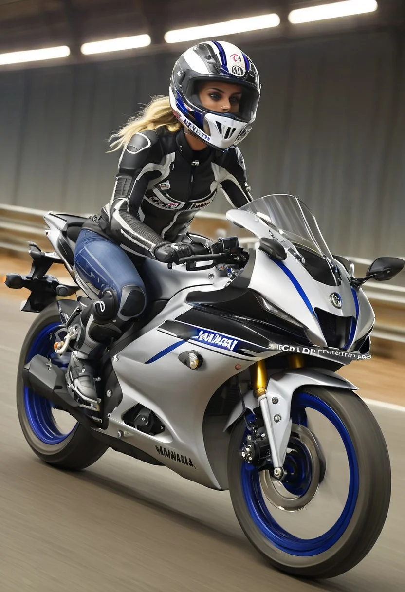blonde girl riding a motorcycle, Yamaha r15, motorcycle, vehicle, vehicles, shot from three-quarter side, it is Biochemical, racing stripes, motion blur, going fast, masterpiece, deep focus, studio lighting, Splash Art, hyperdetailed, arcadian, spotlight, realistic, cinematic
