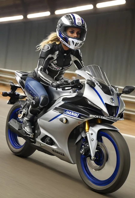 blonde girl riding a motorcycle, Yamaha r15, motorcycle, vehicle, vehicles, shot from three-quarter side, it is Biochemical, racing stripes, motion blur, going fast, masterpiece, deep focus, studio lighting, Splash Art, hyperdetailed, arcadian, spotlight, realistic, cinematic