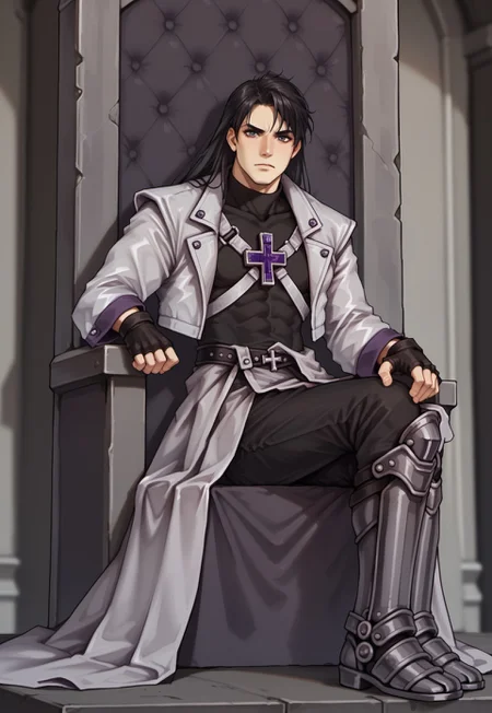 score_9, score_8_up, score_7_up, hugbaldw, cutoff jacket, body harness with holy cross design, long black hair, charcoal greaves, gray skirt, black shirt, black pants, black fingerless gloves, throne, purple throne, looking at viewer, ((((spooky backdrop)))), ((((long legs)))), ((slender legs))