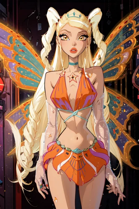 (Stella:1.5), blonde hair, very long hair, yellow eyes, wings, midriff, orange top, skirt, (realistic:1.2), (masterpiece:1.2), (full-body-shot:1),(Cowboy-shot:1.2), neon lighting, dark romantic lighting, (highly detailed:1.2),(detailed face:1.2), (gradients), colorful, detailed eyes,, (natural lighting:1.2), solo <lora:WinxClubEnchantixStella-10:0.9> <lora:add_detail:0.3> <lora:BeautifulEyes:0.6>