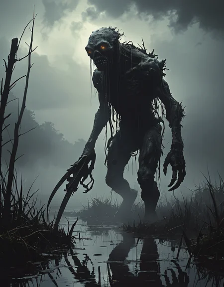 grunge style creature coming out of the dark, Ashley Wood, Kekai Kotaki, Oscar Chichoni, dark environment, fog, clouds, swamp, high contrast