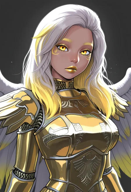 masterpiece, amazing quality, absurdres, rari style,
1girl, solo, breasts, looking at viewer, vasiy, uriel, angel, pointy ears, two tone hair, white hair, yellow hair, yellow eyes, yellow lipstick, tattoo, wings, long hair, gold armor, gold chainmail, upper body
 <lora:rariatto:1> <lora:Vasiy-Uriel_V2:1>
