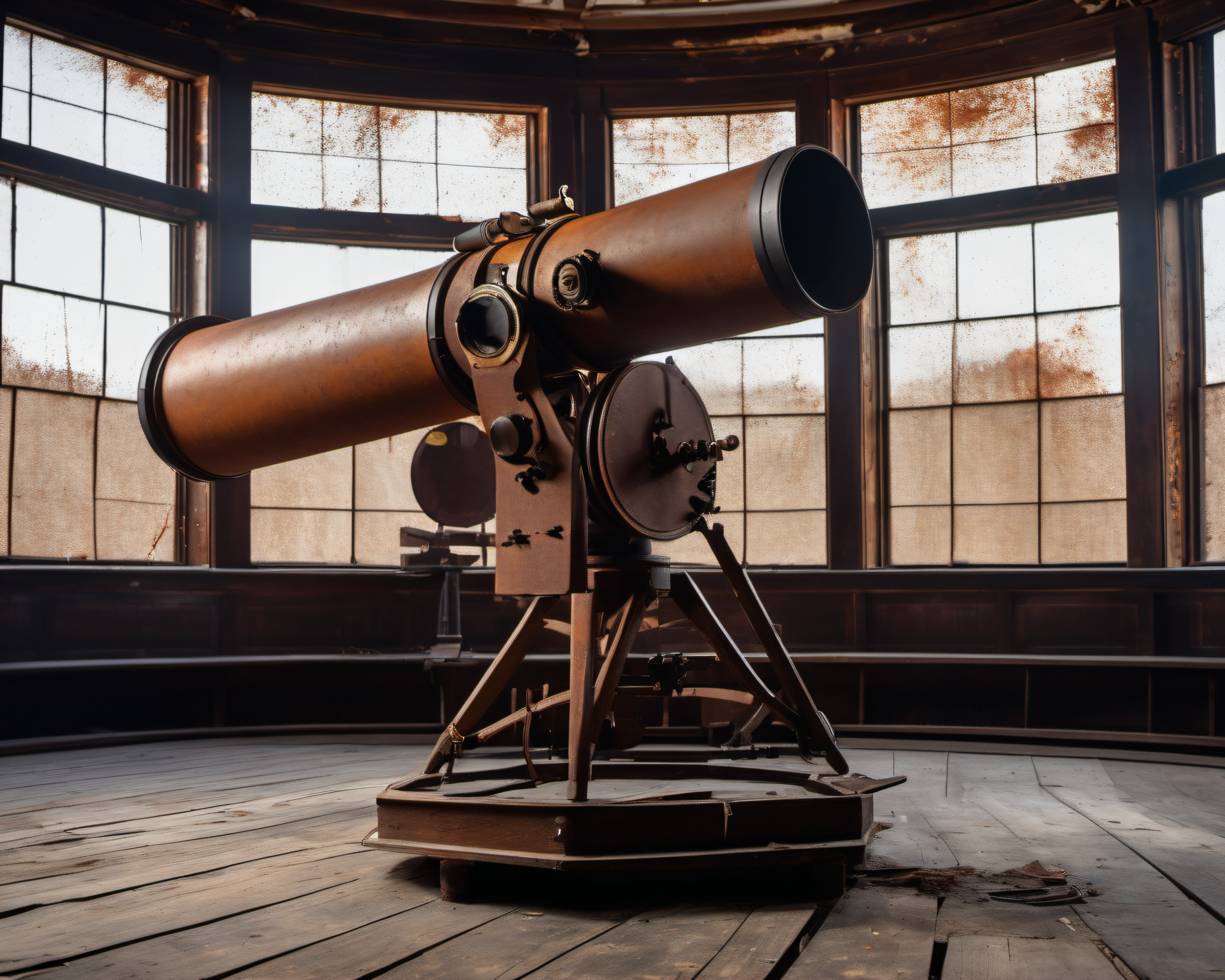 in a post-apocalyptic abandoned observatory, rusted telescope, scattered charts, flickering control panel., by Eadweard Muybridge, SZ_4poXL enviroment   <lora:Post ApocalypticXL_v2:0.6>