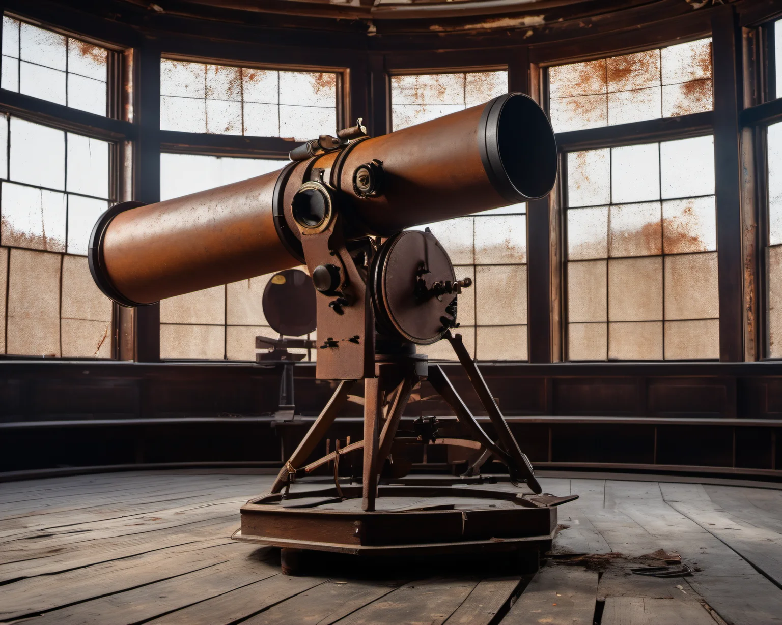 in a post-apocalyptic abandoned observatory, rusted telescope, scattered charts, flickering control panel., by Eadweard Muybridge, SZ_4poXL enviroment <lora:Post ApocalypticXL_v2:0.6>
