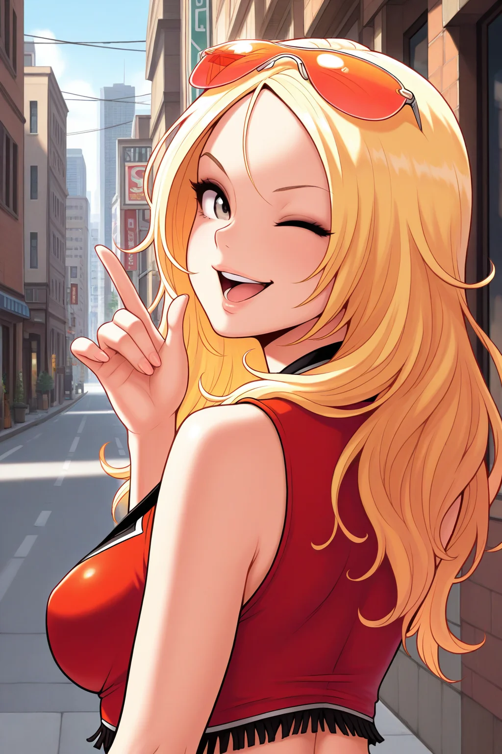 masterpiece, best quality, amazing quality, absurdres, solo, agentstarr, smile, open mouth, from behind, upper body, looking back, one eye closed, wink, long blonde hair, eyewear on head, orange sunglasses, red sleeveless, crop top, outdoors, city, modern, street