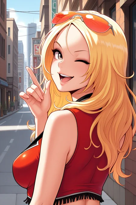 masterpiece, best quality, amazing quality, absurdres, solo, agentstarr, smile, open mouth, from behind, upper body, looking back, one eye closed, wink, long blonde hair, eyewear on head, orange sunglasses, red sleeveless, crop top, outdoors, city, modern, street