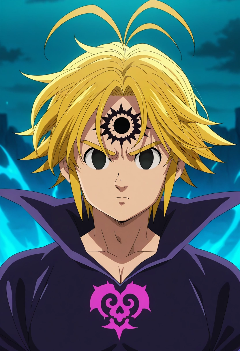 masterpiece, best quality, , anime screencap, anime coloring, official style, looking at viewer, 1boy, solo, male focus, <lora:meliodas_nanatsu_no_taizai_ilxl:1>, meliodas_nanatsu_no_taizai, blonde hair, short hair, antenna hair, facial mark, empty eyes, black eyes, forehead mark, demon form, demon outfit, , ,