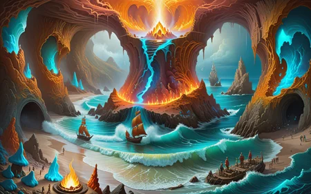 <lora:Projext_X2:0.9>acid-art, trippy, color line art,<lora:ZIP_SDXL:1>,Dog, [ (designed by Meredith Marsone:1.3) and Ivan Aivazovsky:15], landscape art, landscape of a Mesmerizing ([Molten Forge of Fiery Craftsmanship|Thunderous Cave]:1.3) , crowded beach, Ultra Detailed, Candle light, trending on CGSociety, small brush strokes, epic, highly complex, intricate artistic color, vibrant