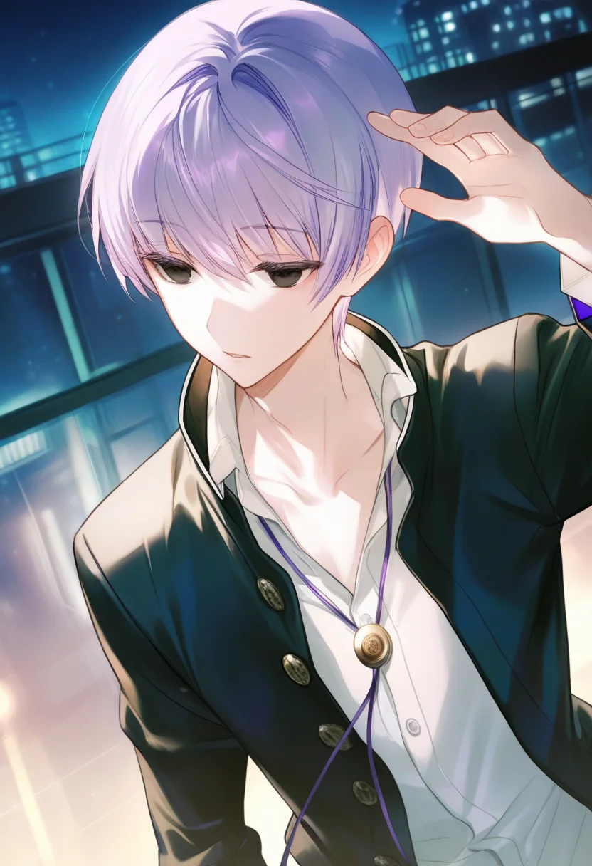 artist:gomzi,artist:wanke,artist:diyokama, rei_(sanbonzakura),[[artist:fuzichoco]],year 2023,
1boy, solo,byakuya \(under night in-birth\), black eyes, purple hair, short hair,
white jacket, black coat, buttons, jewelry, necklace,
night, upper body,
<lora:uni_maleplayables.ilxl:01>