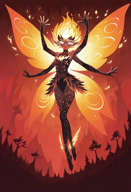 score_9, score_8_up, score_7_up, TKMND, Anime Style, Full Body Shot, neon, red theme, orange theme, fire fairy, cute, seductive, light smile:0.3, plump lips, slender body, french bob copper hair, silver eyes, intricate, big detailed flaming wings, symmetrical wings, glowing, magic, arms raised, dynamic pose, dramatic angle, chromatic aberration, colorful, bright colors, moonlight passing through hair, enchanted forest background, detailed background,depth of field, dynamic angle, fashion photography, sharp, hyperdetailed:1.15