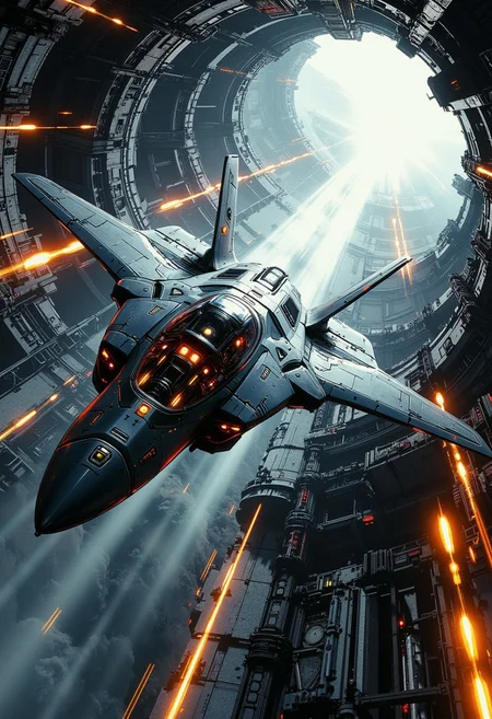 in the style of ck-mgs, A digital artwork in the style of cknc, a futuristic, highly advanced stealth fighter flying rapidly through an enclosed underground structure of metal and rock. The fuelage is made of a dark gunmetal alloy and the cockpit shows glowing led lights, and has a large air intake