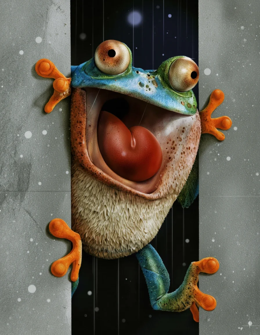 Art by Jean-Baptiste Vendamme. A whimsical digital illustration shoot from a frontal camera angle about a cartoon frog character with large, expressive eyes peeking out from behind a wall. the image also shows raindrops on a gray textured background. on the middle of the image, a cute, anthropomorphic frog with a surprised expression, standing on its hind legs, looking directly at the viewer. the frog, who appears to be a blue tree frog, has large, round, brown eyes, and a long, bushy tail with orange feet. its mouth is open, and its tongue is sticking out, as if it's about to say something. its body is a mix of blue, green, and orange colors, with a playful and slightly mischievous expression.