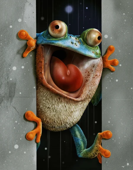 Art by Jean-Baptiste Vendamme. A whimsical digital illustration shoot from a frontal camera angle about a cartoon frog character with large, expressive eyes peeking out from behind a wall. the image also shows raindrops on a gray textured background. on the middle of the image, a cute, anthropomorphic frog with a surprised expression, standing on its hind legs, looking directly at the viewer. the frog, who appears to be a blue tree frog, has large, round, brown eyes, and a long, bushy tail with orange feet. its mouth is open, and its tongue is sticking out, as if it's about to say something. its body is a mix of blue, green, and orange colors, with a playful and slightly mischievous expression.