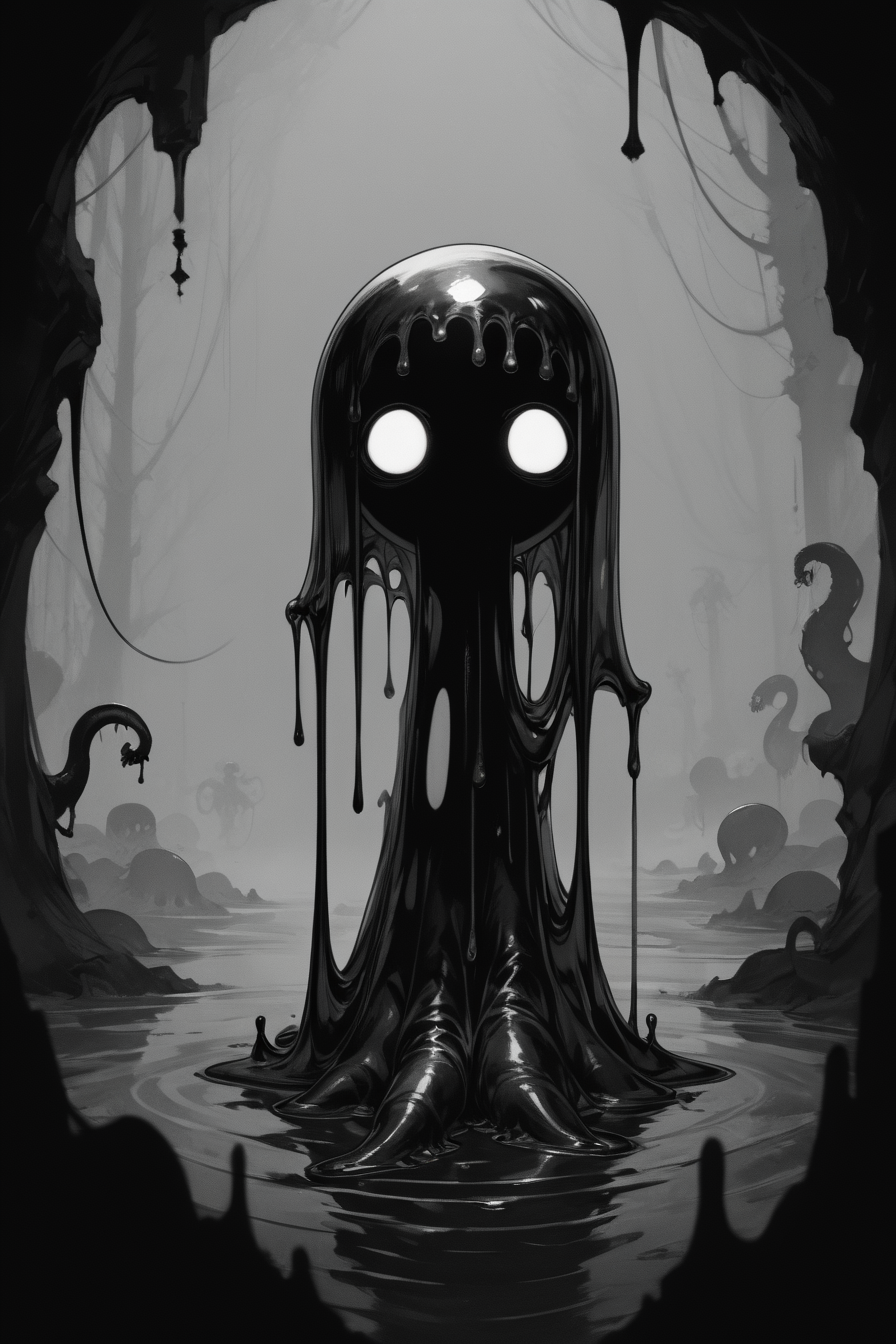 score_9, score_8_up, score_7_up, score_6_up, score_5_up, score_4_up, <lora:GRIM_v1:1>  greyscale, monochrome, limited palette, horror (theme), eldritch abomination, chaotic, silhouette,, <lora:wizardslimev15-t:1> wizardslimus, slime skin, transparent head, transparent body, transparent hair, transparent face, transparent, slime girl