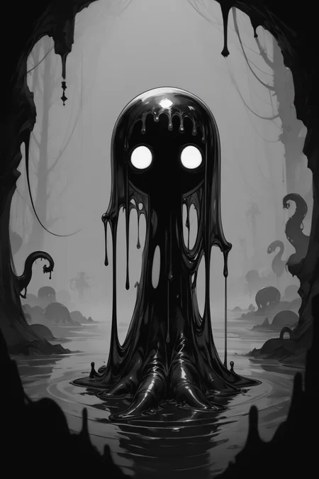 score_9, score_8_up, score_7_up, score_6_up, score_5_up, score_4_up, <lora:GRIM_v1:1>  greyscale, monochrome, limited palette, horror (theme), eldritch abomination, chaotic, silhouette,, <lora:wizardslimev15-t:1> wizardslimus, slime skin, transparent head, transparent body, transparent hair, transparent face, transparent, slime girl