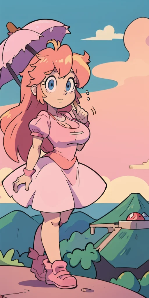 1girl, <lora:TFMToonWorld:1> 80's anime style, <lora:princessPeachCharacter_v10:0.6> peach, pink dress, crown, holding a big red and white polkadot mushroom, mountains with faces, clouds with faces, pink parasol, blonde hair, long hair, big breasts