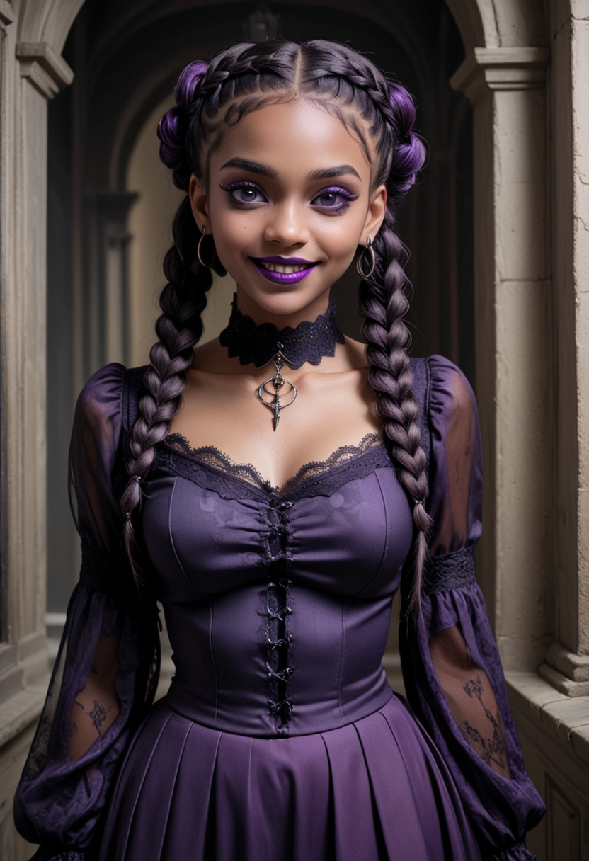 (medium full shot) of (ethereal gothic maiden) young woman, lithe build, long dark french braid hair, south african, dark skin, hazel eyes, wearing a dark Renaissance-inspired dark purple sheer blouse with lace sleeves, high-waisted skirt, patterned stockings, block heels with dark accents, Deep plum lipstick, intense black eyeshadow with purple undertones, gothic rings lace choker, set in  a cursed mansion, with dark corridors, haunted artifacts, eerie lighting, spooky sounds, and ghostly apparitions , woman smiling, detailed face, ,Masterpiece,best quality, photo, realistic, very aesthetic,