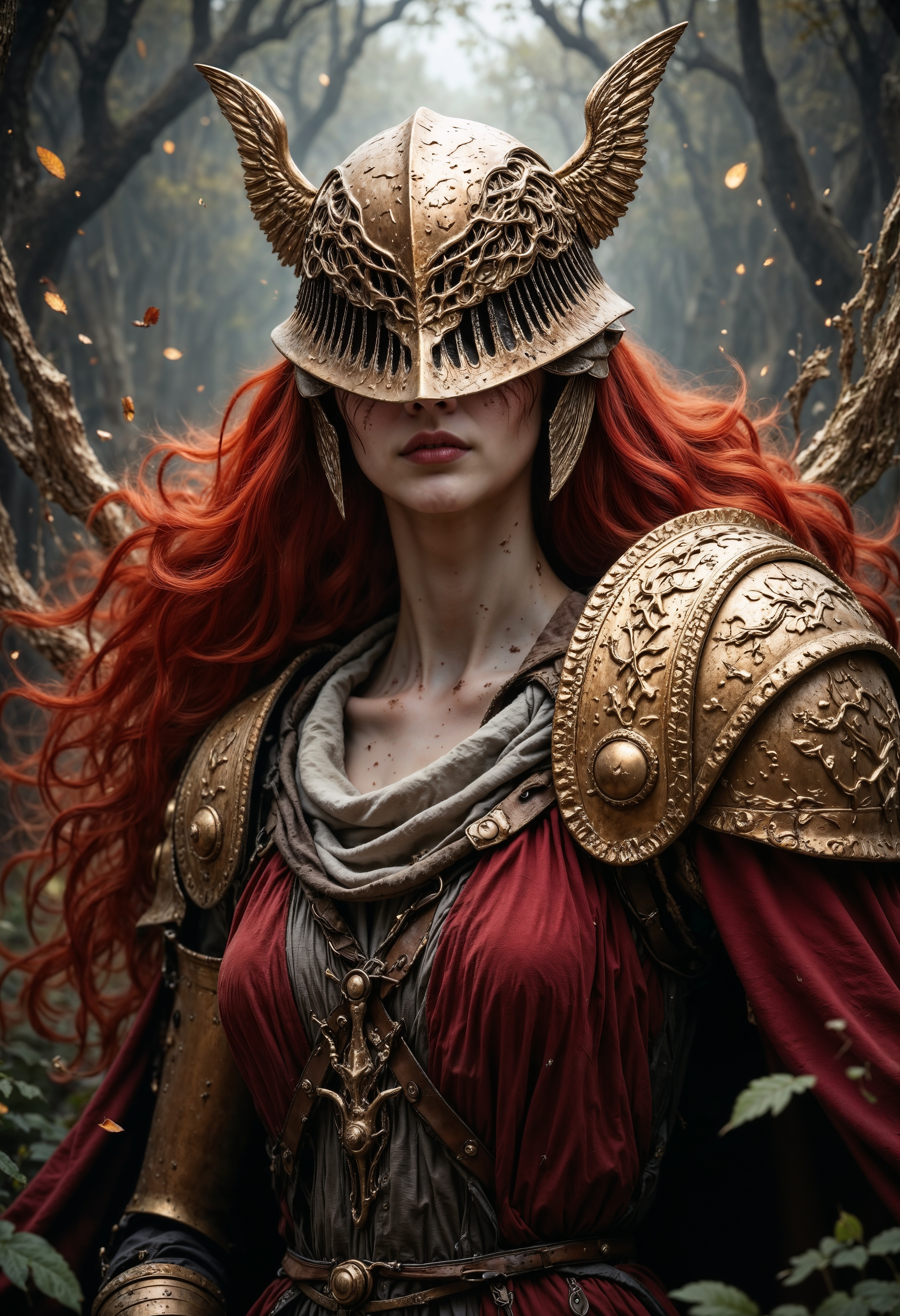 A captivating and haunting image of MaleniaNorm, her battle-worn beauty and unyielding grace captured in stunning detail. Her skin is a pale, almost ethereal tone, marked with faint scars and the wear of countless battles. Her long, fiery red hair cascades around her, contrasting sharply with her golden helm and armor, adorned with intricate thorn-like designs. She stands dressed in her iconic, tattered crimson and gold attire, the fabric and metal telling a tale of endless conflict and resilience. Her ghostly, determined eyes pierce through the scene, exuding both strength and sorrow. The high-quality rendering captures every detail of Malenia’s enigmatic and fearsome presence, drawing viewers into the dark, enchanted world of the Lands Between, where beauty and brutality coexist in a mesmerizing dance.