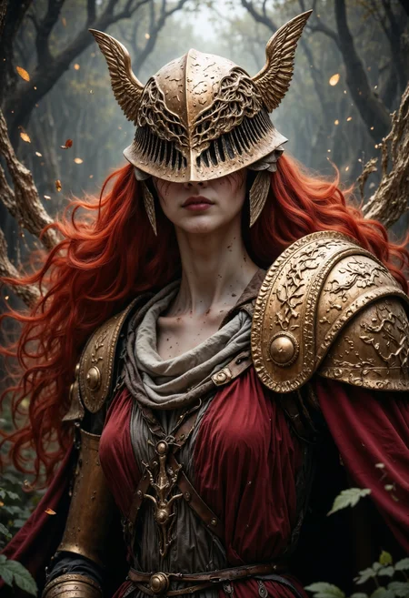 A captivating and haunting image of MaleniaNorm, her battle-worn beauty and unyielding grace captured in stunning detail. Her skin is a pale, almost ethereal tone, marked with faint scars and the wear of countless battles. Her long, fiery red hair cascades around her, contrasting sharply with her golden helm and armor, adorned with intricate thorn-like designs. She stands dressed in her iconic, tattered crimson and gold attire, the fabric and metal telling a tale of endless conflict and resilience. Her ghostly, determined eyes pierce through the scene, exuding both strength and sorrow. The high-quality rendering captures every detail of Malenia’s enigmatic and fearsome presence, drawing viewers into the dark, enchanted world of the Lands Between, where beauty and brutality coexist in a mesmerizing dance.