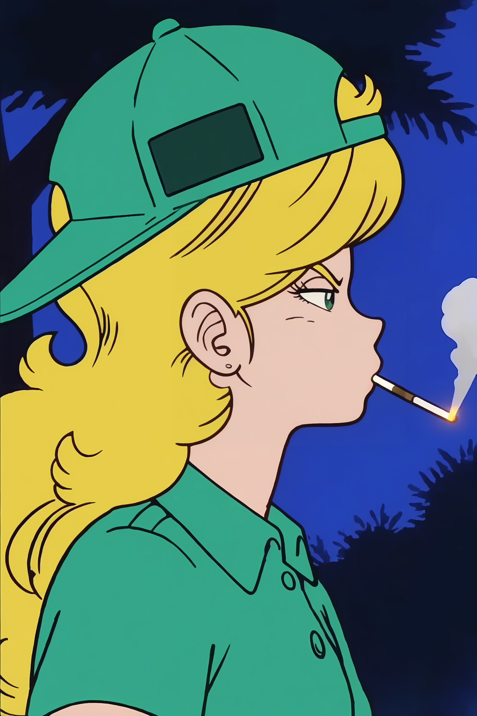 source_anime, score_9, score_8_up, score_7_up, anime screencap, absurdres, high quality,
launch bad, 1girl, solo, blonde hair, outdoors, from side, squinting, v-shaped eyebrows, green eyes, looking ahead, profile, mouth hold, portrait, backwards baseball cap, nature, tree, cigarette, green headwear, green shirt, smoking
 <lora:Launch_v1:0.8>
