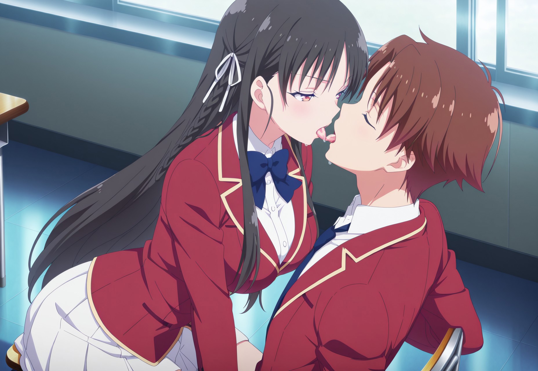 masterpiece, best quality, newest, absurdres, very aesthetic, suzune horikita, horikita suzune, long hair, black hair, red eyes, hair ribbon, braid, mature female,  anime screencap,bow, school uniform, jacket, bowtie, blue bowtie, blazer, red blazer, skirt, white skirt,  middle large breasts) in a classroom,sitting on a chair on a table,laying on a table(kiyotaka_ayanokouji, brown hair, brown eyes, short hair, bangs, parted bangs
school uniform, jacket, necktie, collared shirt, blazer)closed eyes,french kiss,tongue kiss,very wet tongue,sloppy tongue,

