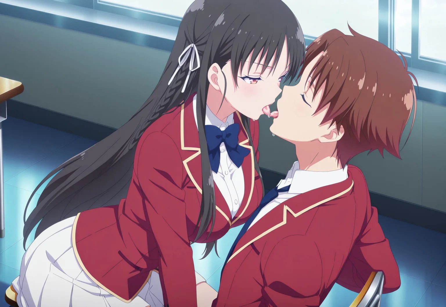 masterpiece, best quality, newest, absurdres, very aesthetic, suzune horikita, horikita suzune, long hair, black hair, red eyes, hair ribbon, braid, mature female,  anime screencap,bow, school uniform, jacket, bowtie, blue bowtie, blazer, red blazer, skirt, white skirt,  middle large breasts) in a classroom,sitting on a chair on a table,laying on a table(kiyotaka_ayanokouji, brown hair, brown eyes, short hair, bangs, parted bangs
school uniform, jacket, necktie, collared shirt, blazer)closed eyes,french kiss,tongue kiss,very wet tongue,sloppy tongue,

