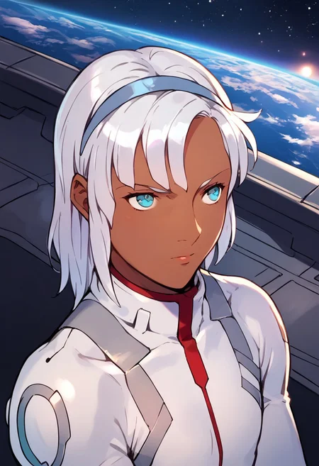 by laserflip, score_9, score_8_up, score_7_up, 1boy, femboy, loran, loran cehack, loran gundam, dark skin, white hair, blue eyes, white hairband, white bodysuit, futuristic bodysuit, space, space station, dynamic angle, solo, solo focus,
