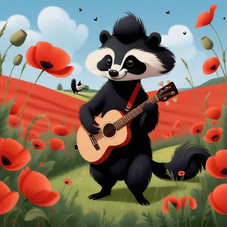 a Skunk playing guitar in poppy field <lora:COOLKIDS_XL_0.3_RC:0.8>