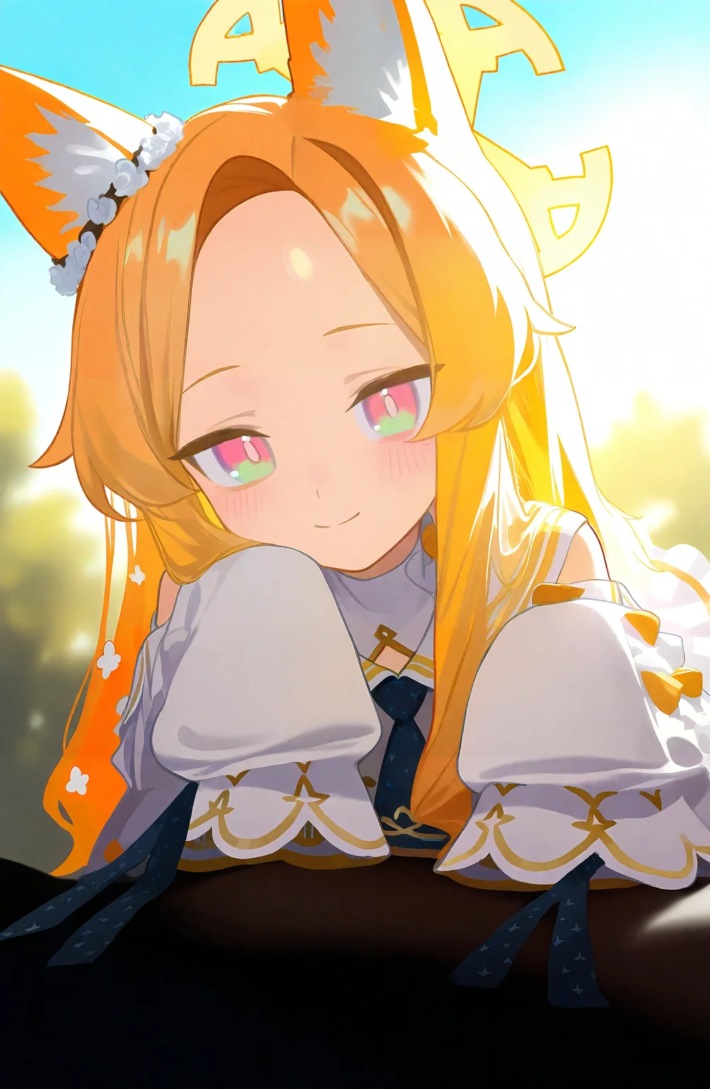 seia_\(blue_archive\), 1girl, solo, long_hair, looking_at_viewer, blush, smile, blonde_hair, dress, animal_ears, closed_mouth, detached_sleeves, white_dress, halo, animal_ear_fluff, parted_bangs, sleeves_past_wrists, fox_ears, forehead, sleeves_past_fingers, multicolored_eyes, yellow_halo, gradient_eyes