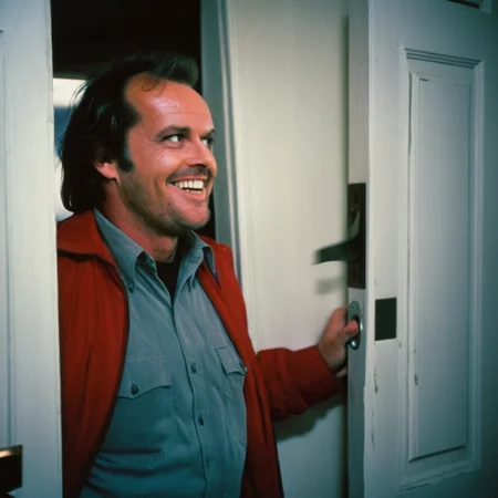 UHD, 4k, ultra detailed, cinematic, a photograph of <lora:perfection style:0.5> <lora:detailed:0.5> perfection detailed
<lora:The Shining film style:0.9>
<lora:1980's style:0.4>
Low angle from below, Jack Torrance In the 1980's in the Colorado Rocky Mountains a smiling man holding a door knob in his hand while leaning on a door,solo,open mouth,shirt,black hair,long sleeves,1boy,holding,jacket,upper body,male focus,teeth,indoors,red jacket,realistic,what , cinematic, film, kodak, The Shining film style, epic, beautiful lighting, inpsiring