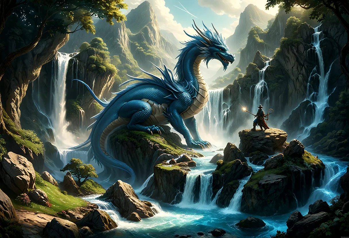 cinematic still The Discworld, midday, ral-fntsyrlms, (azure dragon:1.1), waterfall, volumetric light, mystical glow . emotional, harmonious, vignette, 4k epic detailed, shot on kodak, 35mm photo, sharp focus, high budget, cinemascope, moody, epic, gorgeous, film grain, grainy, HDR photo of The Discworld, midday, ral-fntsyrlms, (azure dragon:1.1), waterfall, volumetric light, mystical glow . High dynamic range, vivid, rich details, clear shadows and highlights, realistic, intense, enhanced contrast, highly detailed, ethereal fantasy concept art of  The Discworld, midday, ral-fntsyrlms, (azure dragon:1.1), waterfall, volumetric light, mystical glow . magnificent, celestial, ethereal, painterly, epic, majestic, magical, fantasy art, cover art, dreamy, The Discworld, midday, ral-fntsyrlms, (azure dragon:1.1), waterfall, volumetric light, mystical glow, beautiful, delicate, intricate, stunning, highly detailed, elegant, focus, romantic, divine, dramatic ambient, futuristic, professional, cinematic, artistic, surreal, cute, creative, pure, scenic, sharp