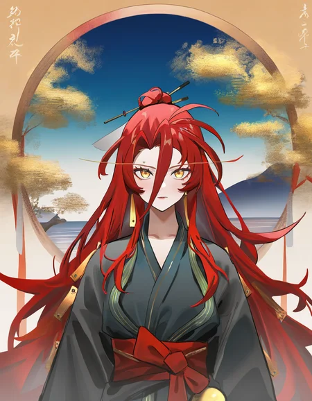 looking at viewer,yukata,
<lora:chuyi_noob:0.75>,xytx-chuyi,1girl,solo,red hair,earrings,yellow eyes,messy hair,hair between eyes,hair ornament,very long hair,
masterpiece,best quality,very aesthetic,absurdres,illustration,(((ukiyoe))),((sketch)),((japanese_art)),