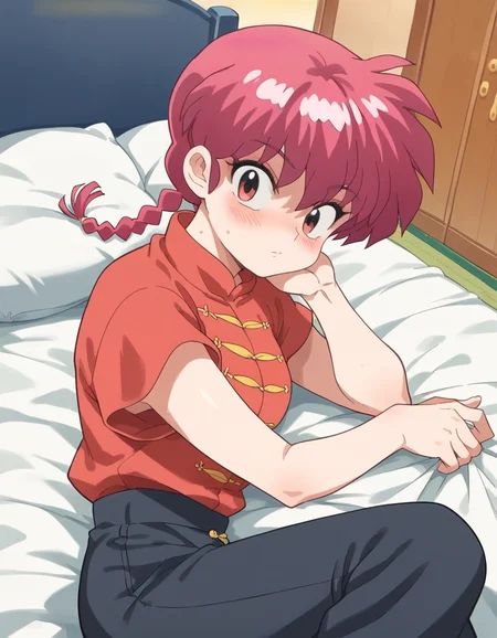 score_9, score_8_up, score_7_up, source_anime, <lora:ranma-saotome-leak-ponyxl-lora-nochekaiser:1>, ranma saotome, braid, red hair, single braid, braided ponytail, red eyes,, pants, chinese clothes, tangzhuang,, indoors, bed, bed room, on side, blush, drunk, looking at viewer, solo,, cowboy shot, dutch angle