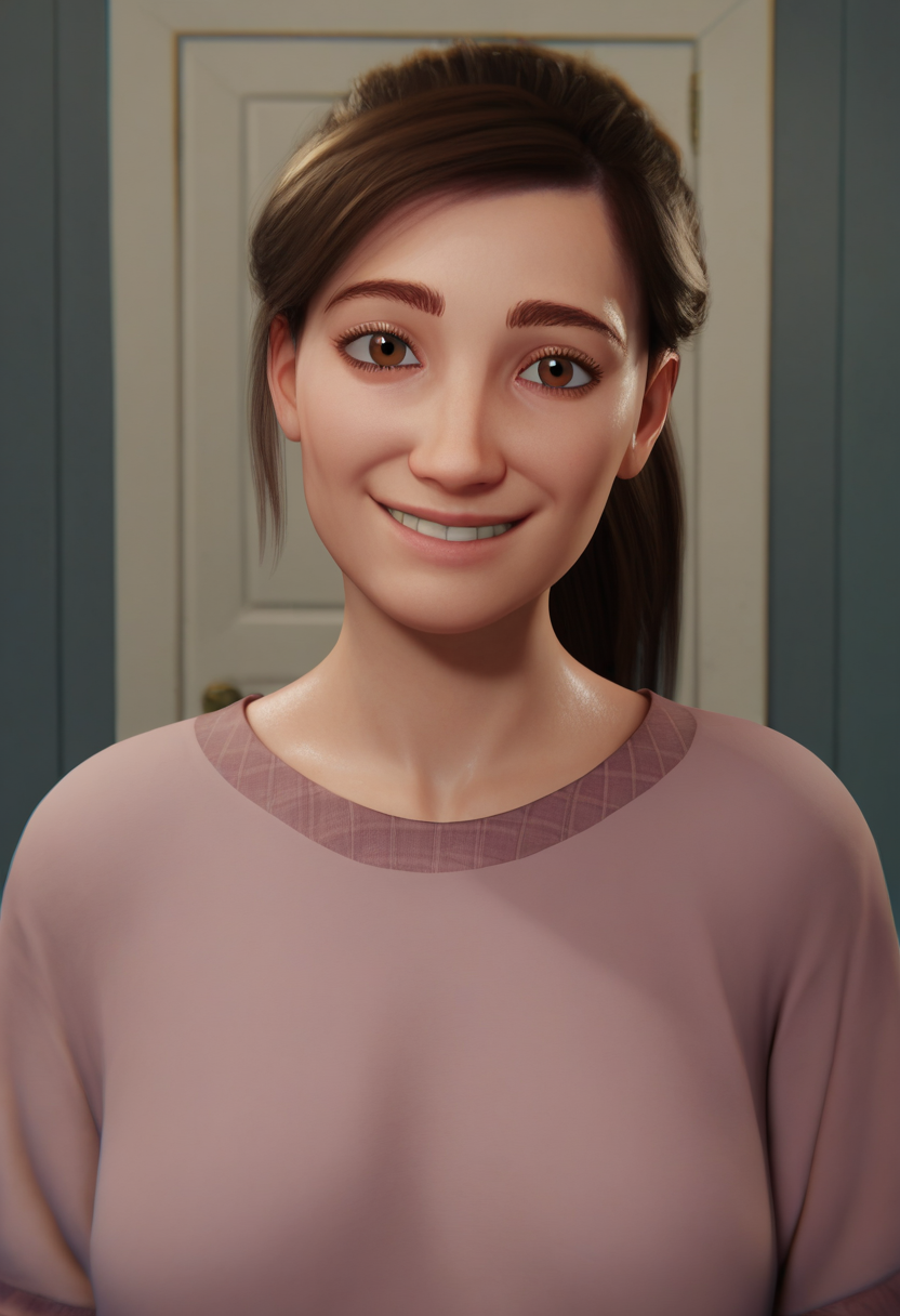 score_9, score_8_up, score_7_up,<lora:Santo_Fabbro:0.8>, santo, 1girl,solo,brown hair,brown eyes,ponytail,long hair,looking at viewer,shirt,smile,upper body,indoors