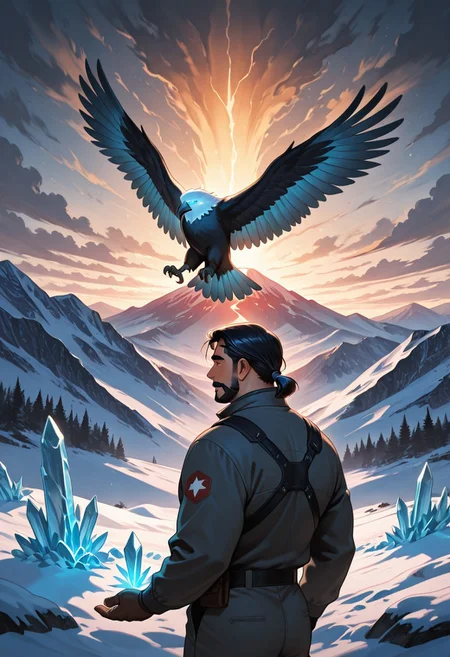 (masterpiece), best quality, 1boy, mbti_enfj, mature man, muscle man, green eyes, black-tied hair, facial hair, mountain rescue, stormy peaks, caring gaze, helping hand, strong pose, windswept hair, snowy landscape, dynamic lighting, dramatic clouds, glowing mountain light, determination, heroic action, rugged terrain, focused expression, mist, ice, soaring eagle