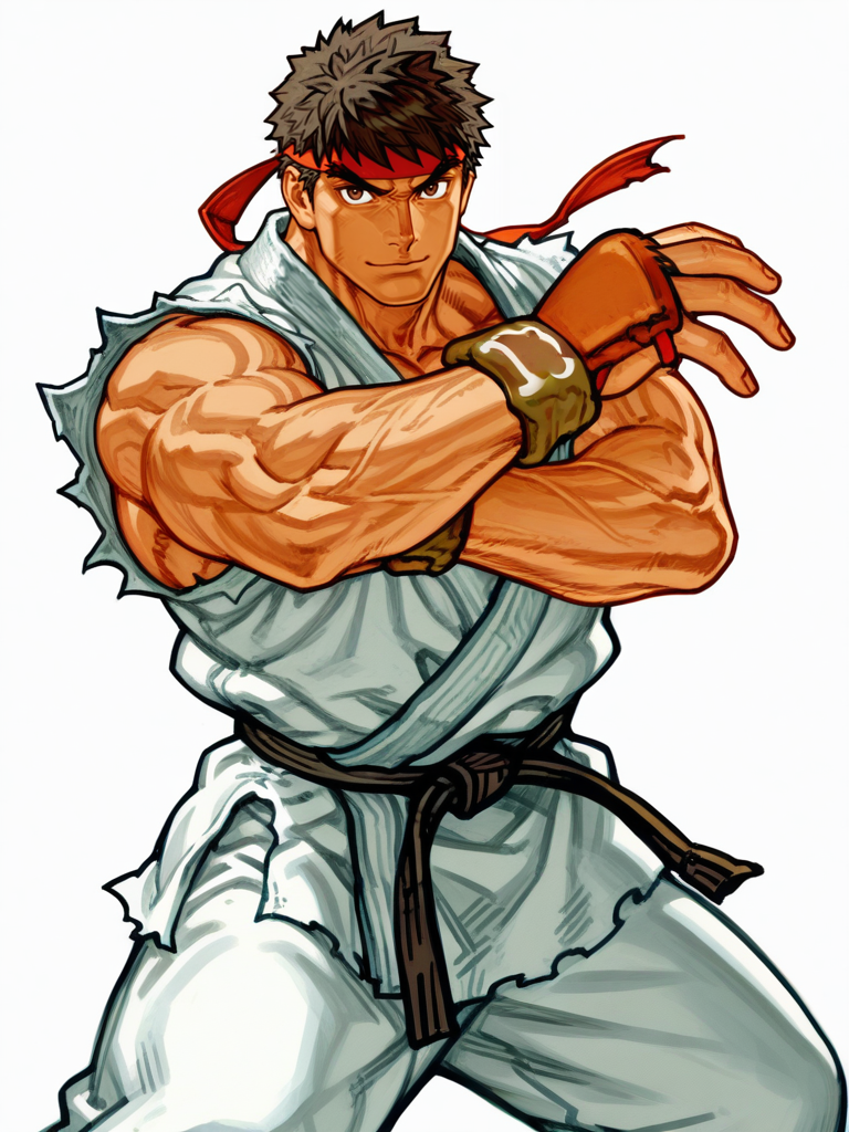 NishimuraXL,, simple background, (sketch:1.1), muscular male,
1boy, (ryu:1.1), fighting stance, light smile, 
white background, looking at viewer, dynamic pose, cowboy shot,
<lora:AKinuNishimura_Style-12:1>