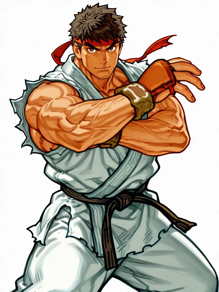 NishimuraXL,, simple background, (sketch:1.1), muscular male,
1boy, (ryu:1.1), fighting stance, light smile, 
white background, looking at viewer, dynamic pose, cowboy shot,
<lora:AKinuNishimura_Style-12:1>